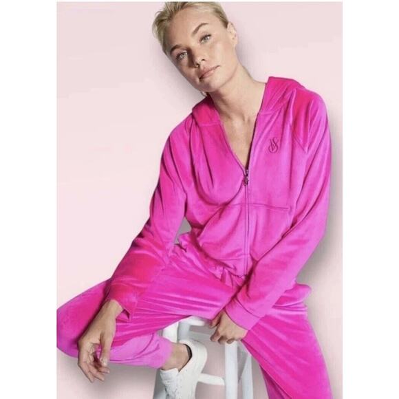 Victorias Secret On Point Velour Set Hot Pink Crop Hoodie & Pants Sz M Tracksuit - Picture 1 of 16